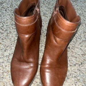 Anne Klein brown leather boots with gold strap and slight, cute heel